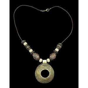 Vintage Brutalist Gold Tone And White Beaded Medallion Pendant Necklace